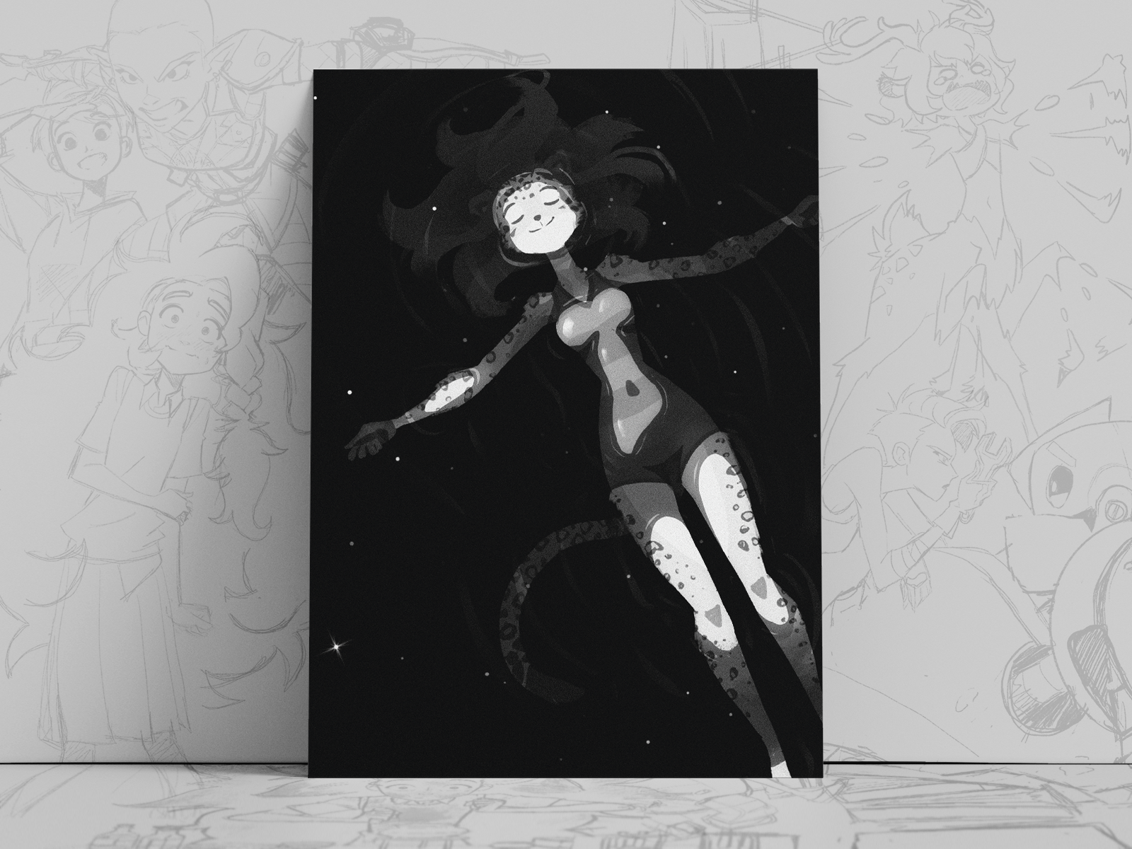 Starlit Film Noir Waters Art Print | Serene Furry Poster